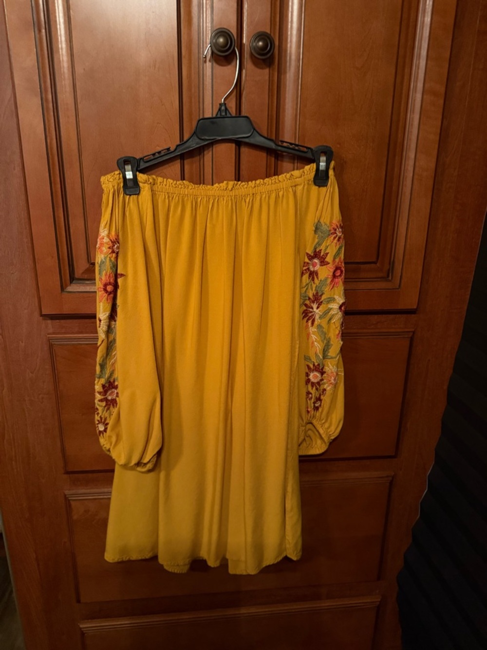 feathers Mustard Yellow Strapless Dress with Embroidered Sleeves